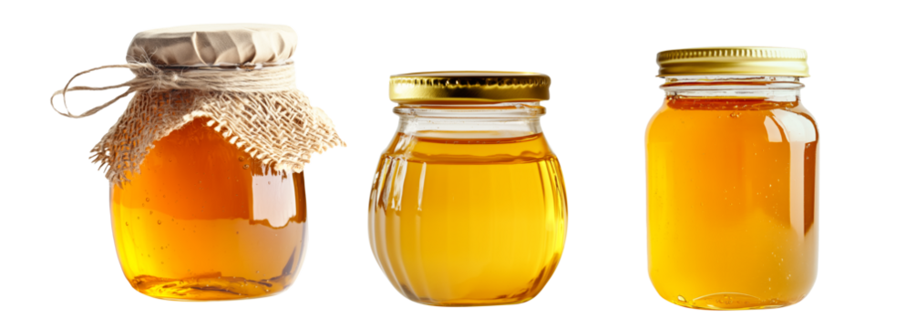 Natural honey in a jar that highlights honeycomb isolated on white transparent background, ideal for food lovers and health conscious themes