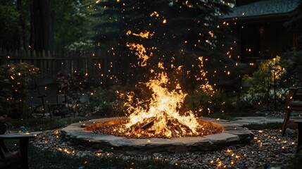 Dancing fire emanates from a blaze in a fire pit, creating a captivating spectacle of warmth and light. The dancing fire brings a cozy ambiance with ample photo style copy space.