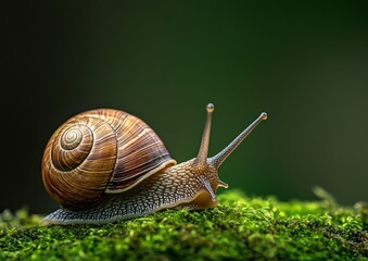 A close-up of a snail resting on green moss, showcasing its textured shell and delicate antennae against a blurred background.