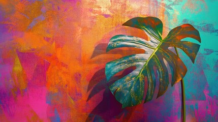 Digital monstera leaf plant creates a striking shadow against a vibrant pop art background. This...