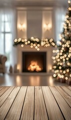 Wooden table with a blurry festive background. AI.