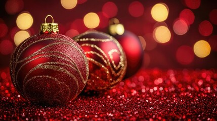 Sparkling Red Christmas Ornaments on Shimmering Background