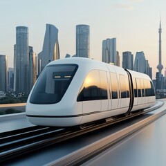 Naklejka premium Modern train approaching city skyline during sunset, showcasing urban transportation.