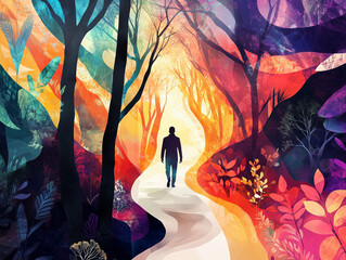 A person walking through a forest, where the trees and plants morph into abstract shapes and flow into another dimension.