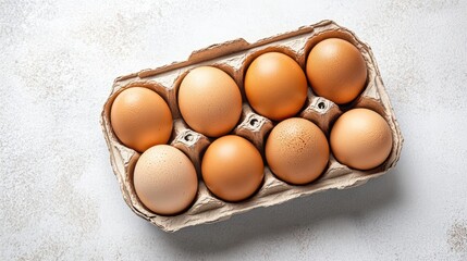 Brown eggs arranged in an egg carton box create a delightful food background. This top view captures the essence of brown eggs, perfect for culinary themes. Ample copy space included.