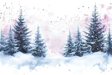 Fototapeta premium Watercolor Illustration of Snowy Forest with Christmas Trees