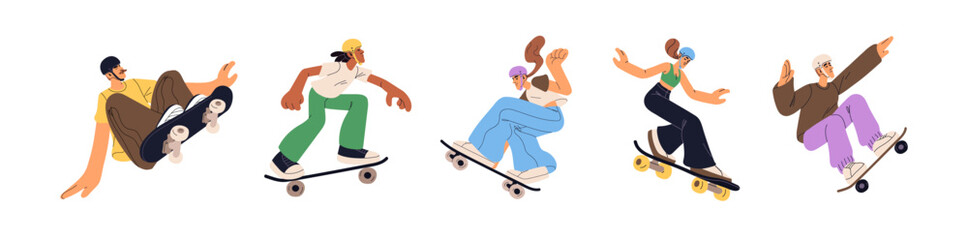 Set of skaters ride, jump with boards. Young people in safety helmets do extreme stunts, sports tricks with skateboard. Men and women skate on street. Flat isolated vector illustrations on white © Paper Trident
