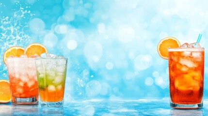 Three vibrant cocktails with ice on a cool blue background, refreshing tropical delight