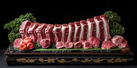 Showcasing sculpted raw pork, the display highlights the texture of the meat. This butchers selection features Chinese BBQ pork, with pork ribs elegantly arranged for aesthetic appeal.