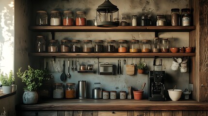 Rustic kitchen corner with vintage lantern-style lighting, organized ceramic jars and pots on worn wooden shelves, creating a cozy, homely feel with natural textures. --ar 16:9