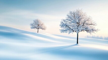 Winter landscape with snow-covered hills and frosted trees under a soft blue sky.