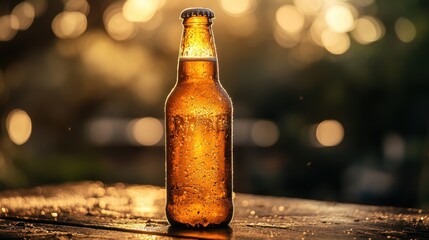 A frosty beer bottle with condensation droplets glistening under