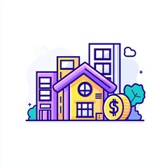 Fototapeta premium Stylized illustration of modern buildings, a house, and a dollar coin on a white background.