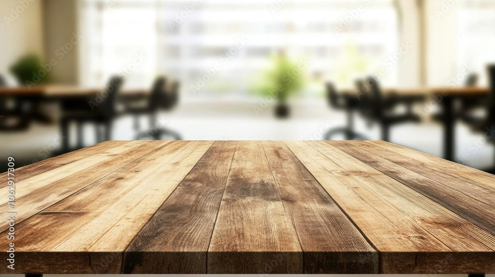 Sticker Empty wooden table in front view with a blurred office interior in the background, creating an ideal setting for adding personalized elements. High-quality photo with ample copy space.