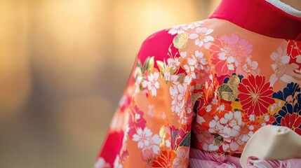 Stunning kimono dress highlighted in a close-up of a woman in traditional attire. This beautiful kimono dress captures the elegance and grace of cultural heritage, with ample copy space for design.