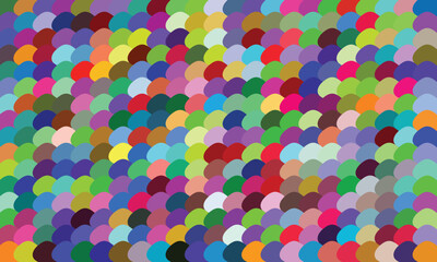 Abstract colorful scallop pattern with overlapping semicircles in a variety of vibrant hues, forming a playful and harmonious design. Ideal for digital backgrounds, art prints, and creative textures