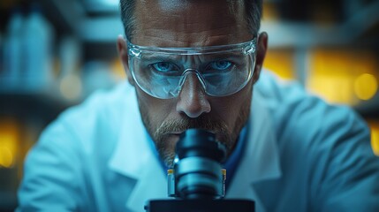 A scientist in a lab coat and safety glasses looks intently through a microscope.