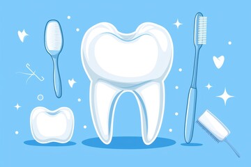 Tooth, dental tools, isolated on blue background with sparkles.