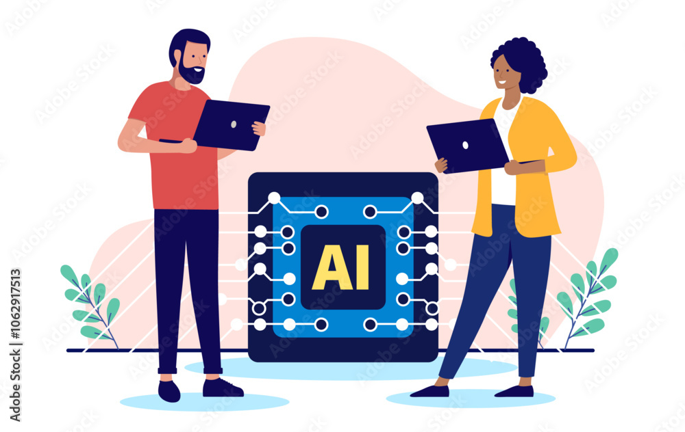 Poster Using AI at work - two people working on laptop computers using artificial intelligence tools and service for job and projects, increasing efficiency and easier work tasks. Flat design illustration