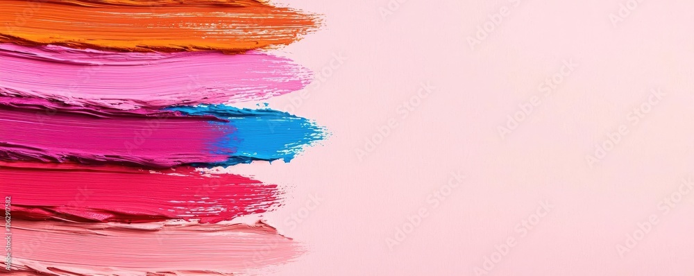 Poster Vibrant paint strokes creating a colorful abstract pattern on a soft background.