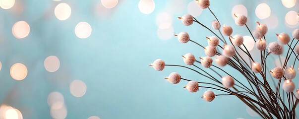 Delicate pink flowers on branches against a soft blue background with sparkling lights.