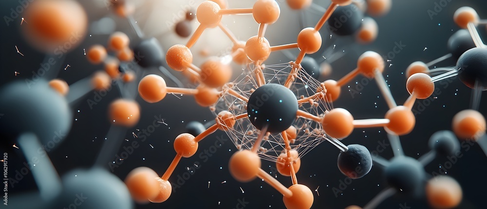 Poster glowing orb with intricate molecular structures interconnected nodes and filaments shimmering geomet