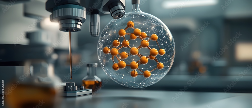 Poster glowing orb of interconnected molecular structures and shimmering fractal like geometric lattice wit