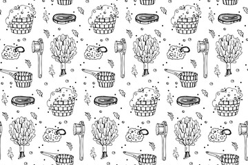 Sauna accessories sketch vector background. Hand drawn spa elements collection. Doodle sauna seamless pattern on white background.