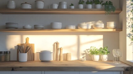 Simple, Scandinavian kitchen corner with soft, warm lighting, white kitchenware perfectly organized on natural wood shelves, capturing a serene, clean aesthetic. --ar 16:9