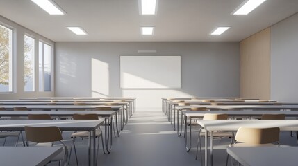 A spacious classroom featuring an empty whiteboard at the front, with desks neatly arranged in rows, without people