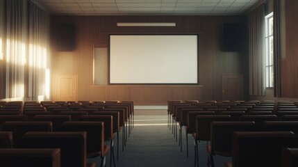 A spacious lecture hall featuring an empty whiteboard, with rows of empty chairs facing it
