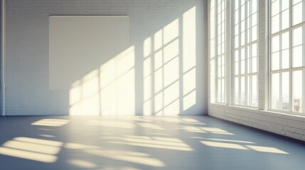 Obraz premium A spacious room with an empty whiteboard, bright sunlight pouring in from large windows, casting soft shadows