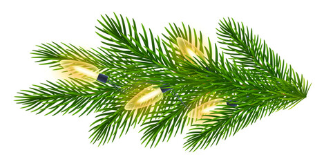 Fir branch with glowing Christmas lights. Green spruce branches with garland of yellow light bulbs for winter Christmas holiday celebration. Vector illustration © wild