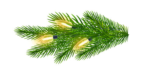 Obraz premium Fir branch with garland of yellow lights for Christmas, New Year greeting cards, banners
