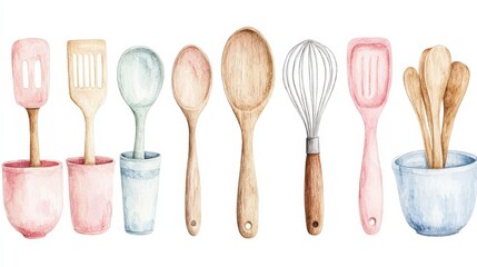 Cozy Watercolor Kitchen Utensil Set Illustration