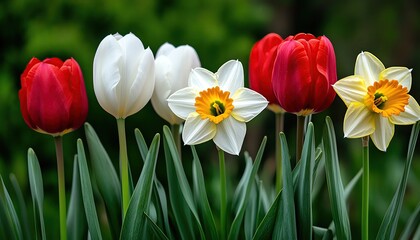Obraz premium Spring garden with tulips and daffodils, lush and colorful