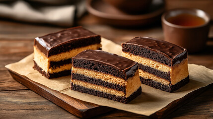 Three layered chocolate and vanilla sponge cakes with chocolate glaze on a wooden board, with a cup of tea in the background