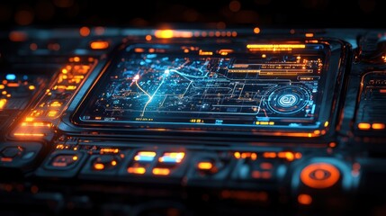 Obraz premium Futuristic control panel with glowing interface and data visualization.