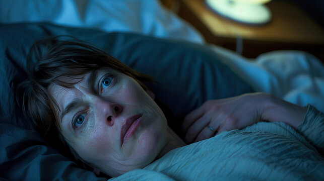 Anxious people lying in bed with eyes wide open, unable to sleep due to insomnia, showing worry and fatigue, the room is dimly lit and the soft light of the bedside lamp creates a calm but uneasy atmo