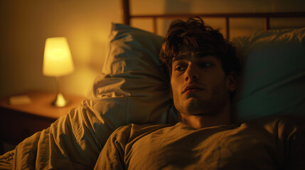 Fototapeta premium Anxious people lying in bed with eyes wide open, unable to sleep due to insomnia, showing worry and fatigue, the room is dimly lit and the soft light of the bedside lamp creates a calm but uneasy atmo
