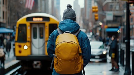 Explore urban life a traveler observes the cityscape while waiting for the subway in bustling streets