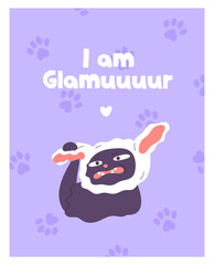 Design of comic postcard with fool cat tries take off cute hat. Template for card with pets' paws on background and amusing kitten. Adorable goofy kitty with funny phrase. Flat vector illustration