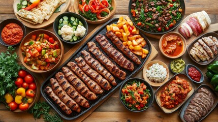 Fototapeta premium Delicious Grilled Meat with Vibrant Assortment of Fresh Mediterranean Dishes
