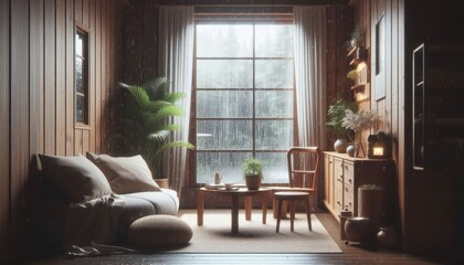 Picture of rain falling behind the window from inside the room