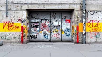 Fototapeta premium A grey concrete wall with a closed metal door, covered in graffiti, in an urban setting.