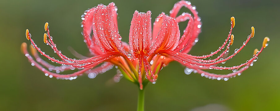 close-up image of Nerine Bowdenii flowers adorned with dew droplets, captured in macro photography style,