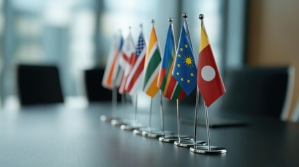 Diverse nations unite with flags displayed in a business setting to foster international collaboration