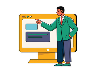 Businessman standing pointing at screen, presenting report. Hand drawn style vector design illustrations.
