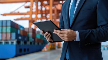 Business professional analyzes shipment data using tablet in busy port environment