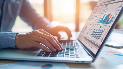A professional analyzes data trends using advanced software on a laptop at a modern workspace